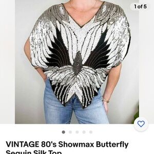 Vintage 1980’s Showmax Sequin Butterfly Silk Top Black Solver Gold Women’s Sz M